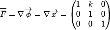 \bar{\bar{F}}=\mathrm{\nabla}\vec{\phi}=\mathrm{\nabla}\vec{x}=\left(\begin{matrix}1&k&0\\0&1&0\\0&0&1\\\end{matrix}\right)